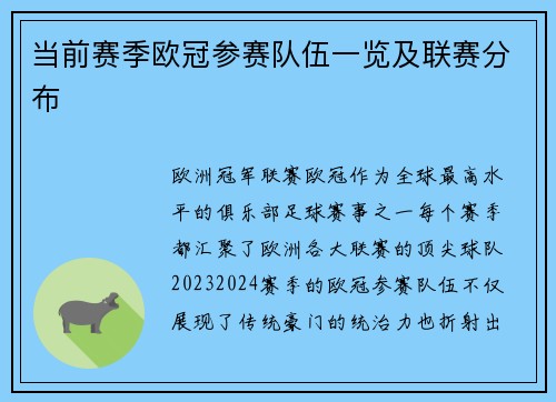 当前赛季欧冠参赛队伍一览及联赛分布