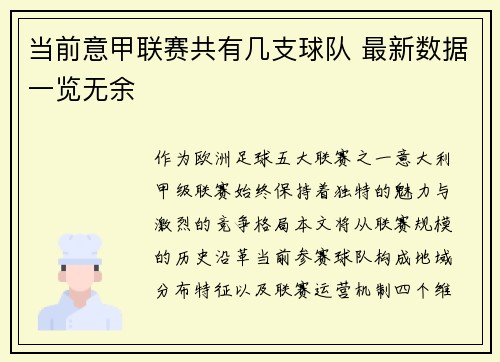 当前意甲联赛共有几支球队 最新数据一览无余